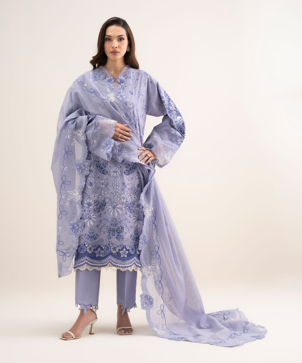 Women's Unstitched Lawn Embroidered Purple 3 Piece Suit