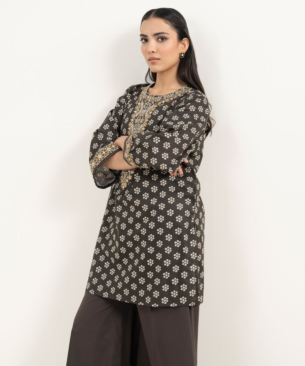 Women's RTW Slub Lawn Embroidered Dark Brown Straight Shirt