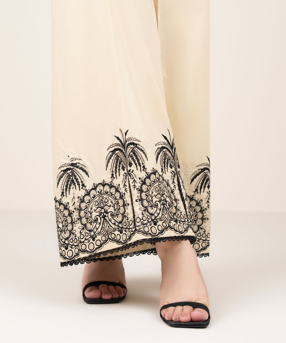 Women's RTW Cotton Embroidered Off White Flared Pants