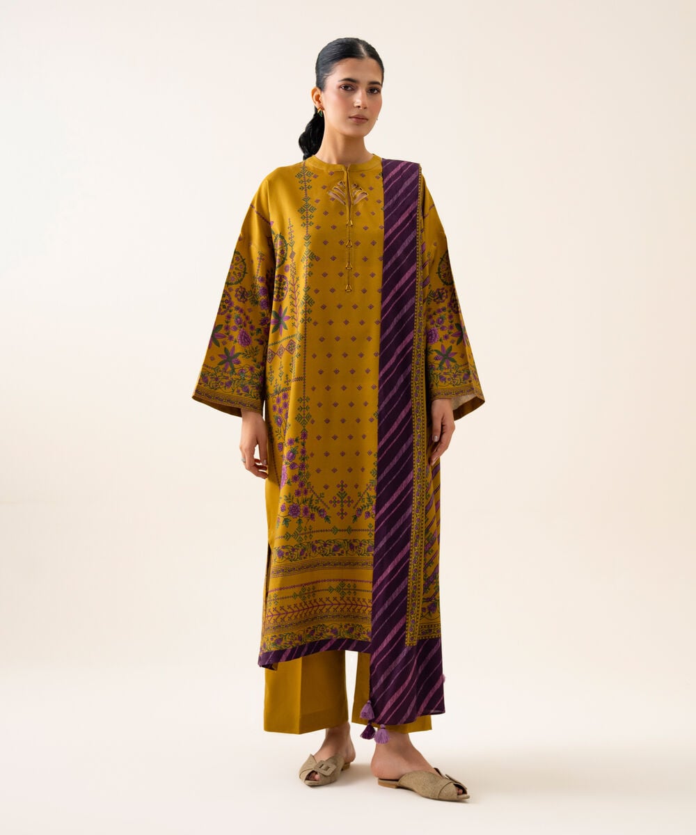 Women's Unstitched Viscose Linen Printed Mustard 3 Piece Suit