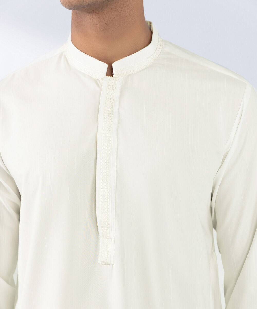 Men's Stitched Embroidered White Wash & Wear Kurta