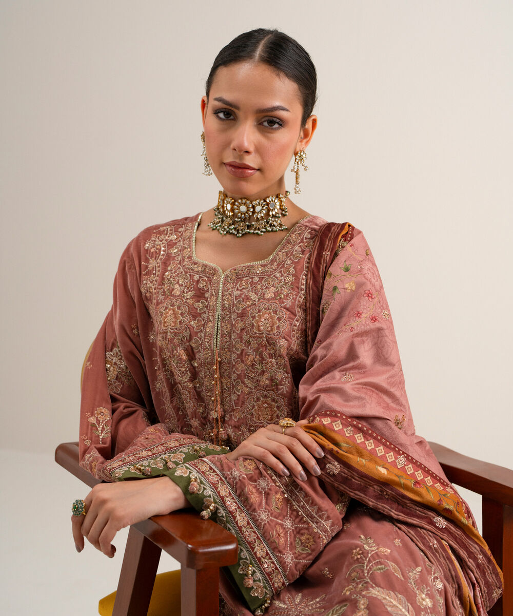Women's Unstitched Embroidered Velvet Peach 3 Piece Suit