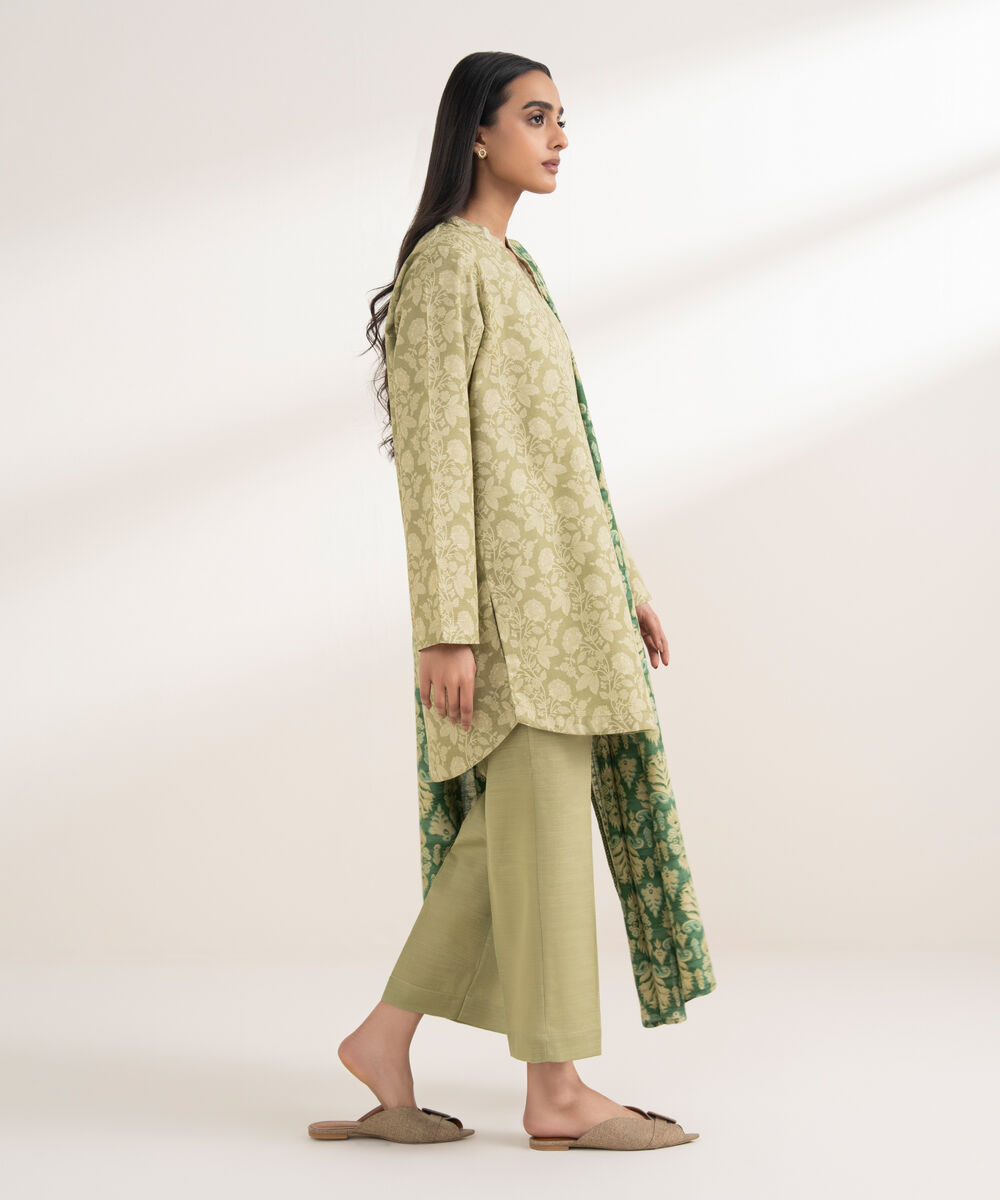 Women's RTW Khaddar Printed Green 3 Piece Suit