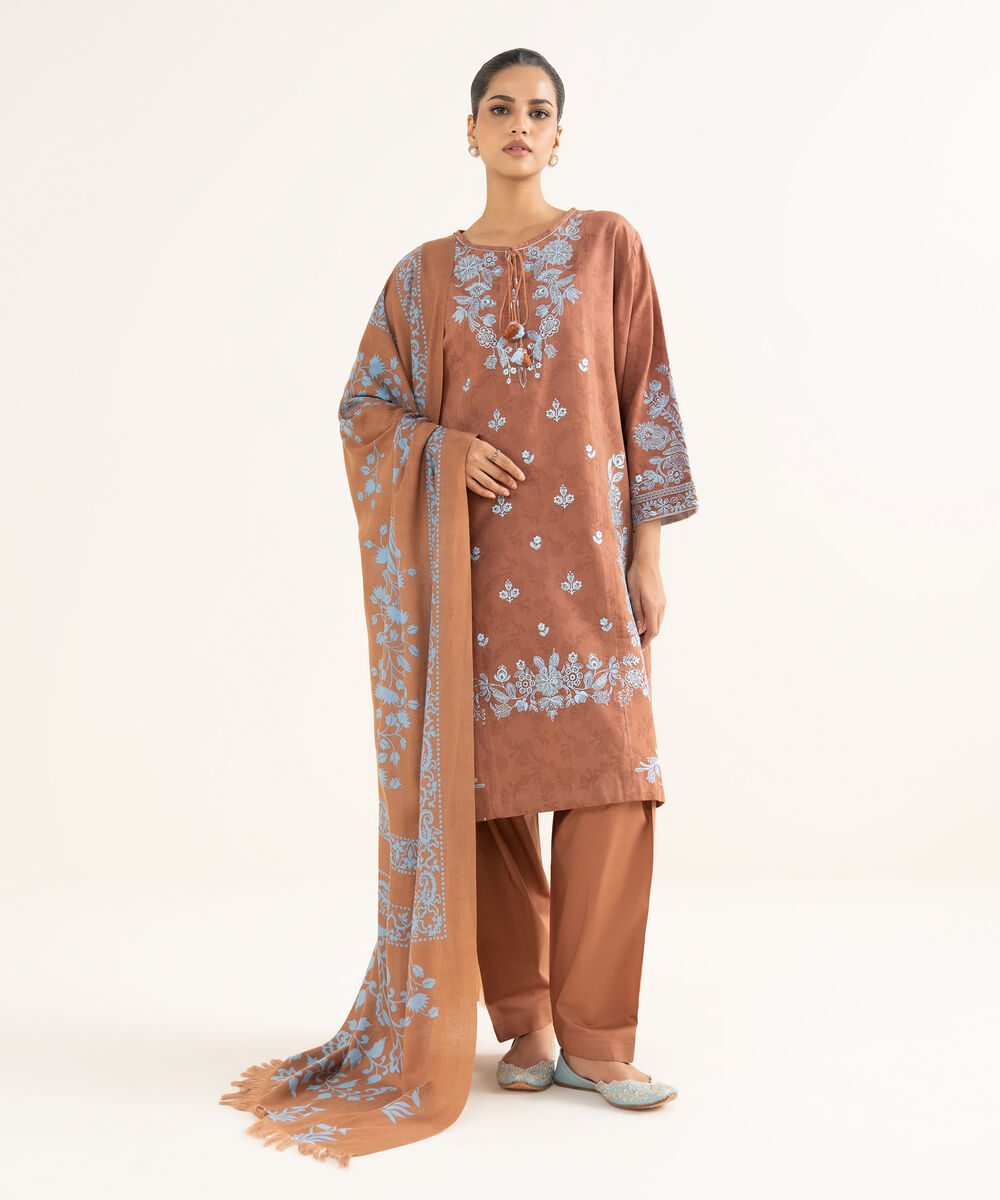 Women's Unstitched Cotton Jacquard Embroidered Brown 3 Piece Suit