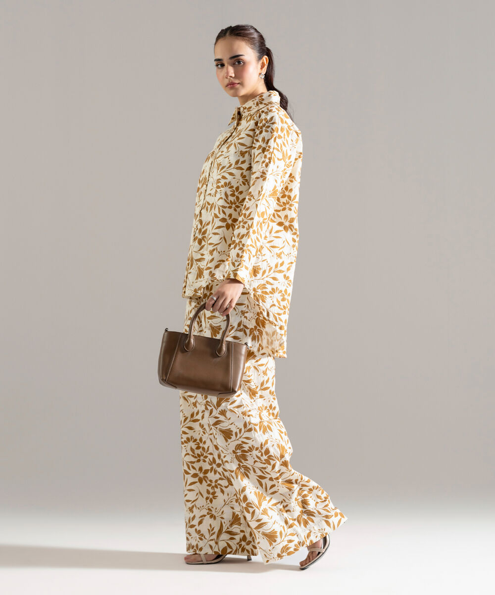 Women's RTW Seersucker Printed Cream White 2 Piece Suit
