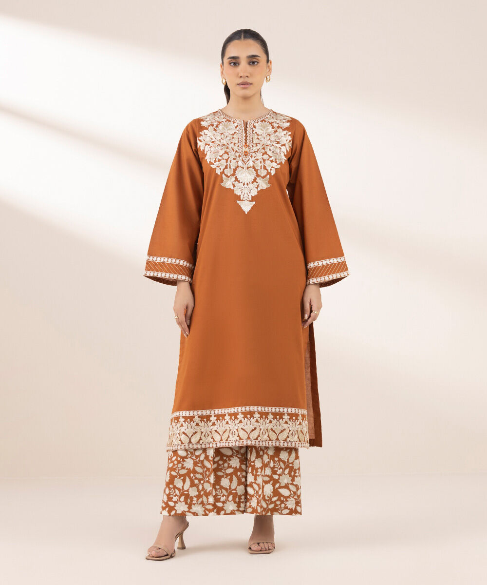 Women's RTW Textured Lawn Brown Embroidered A-Line Shirt