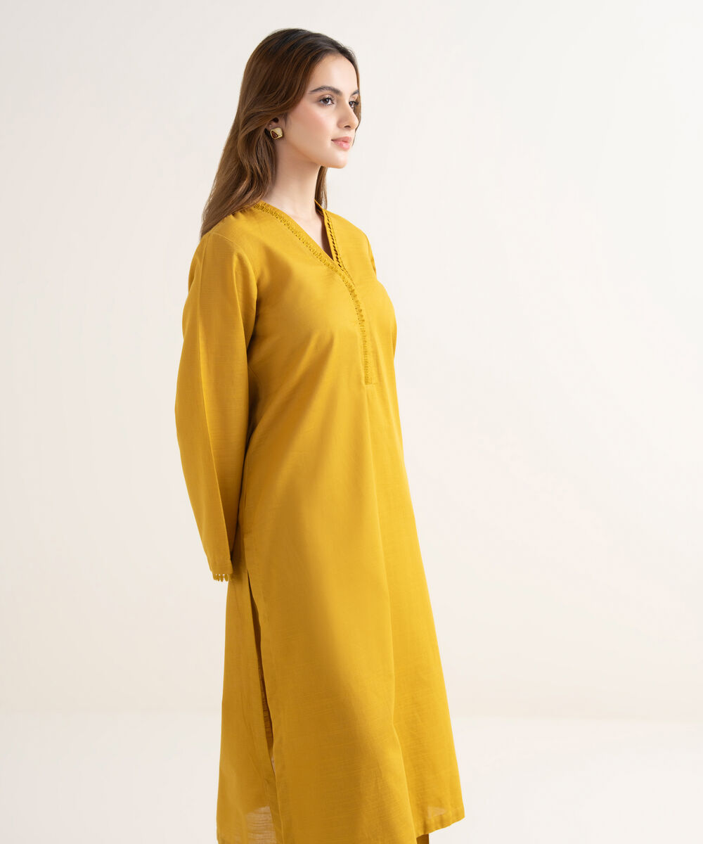 Women's RTW Textured Cotton Solid Straight Yellow Shirt
