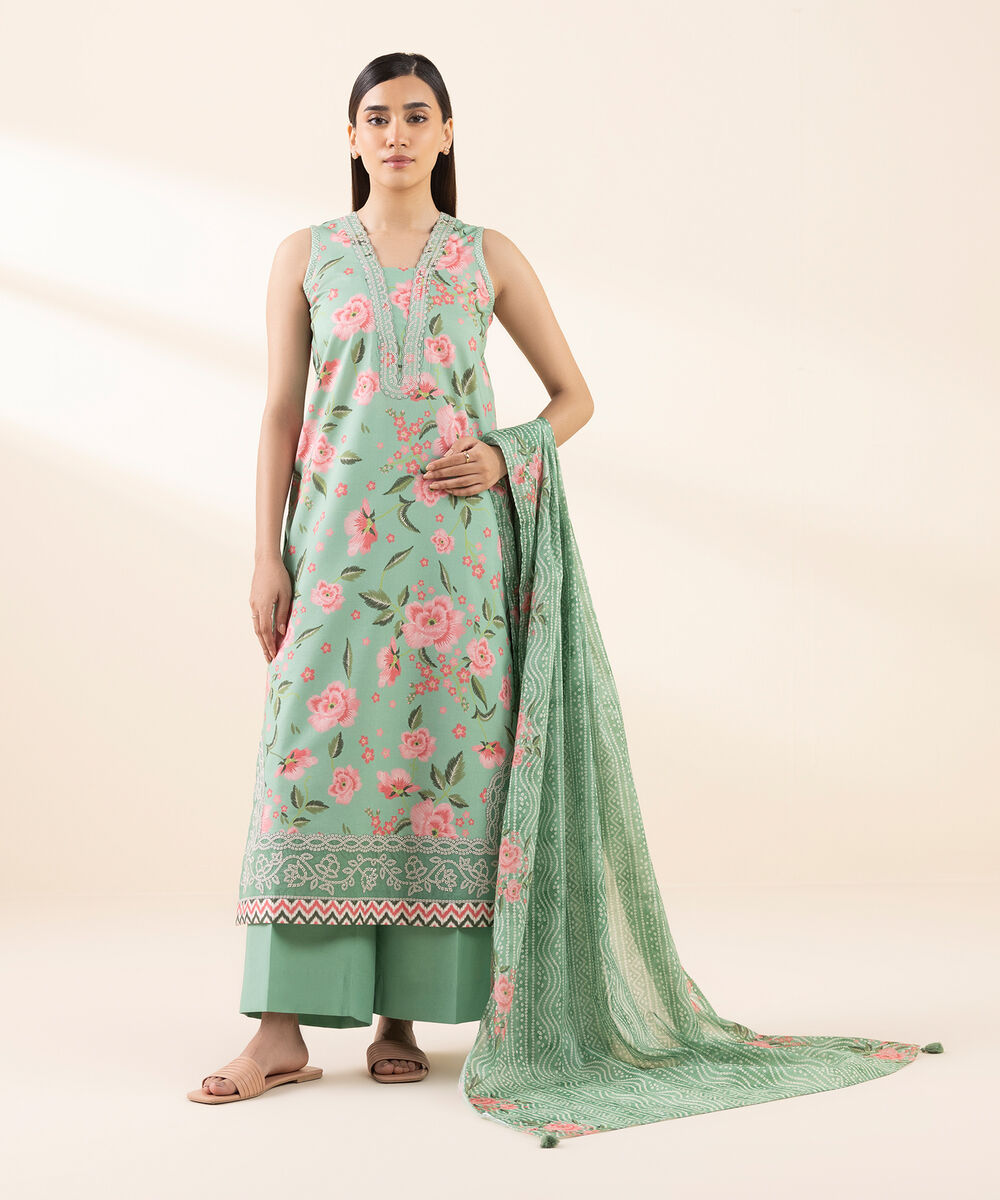 Women's Unstitched Lawn Embroidered Green 2 Piece Suit