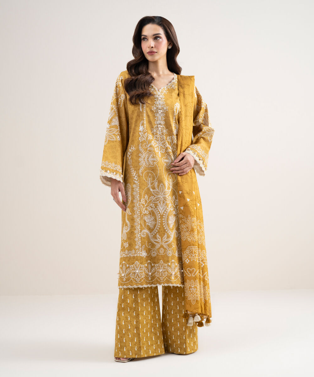 Women's Unstitched Lawn Embroidered Yellow 3 Piece Suit