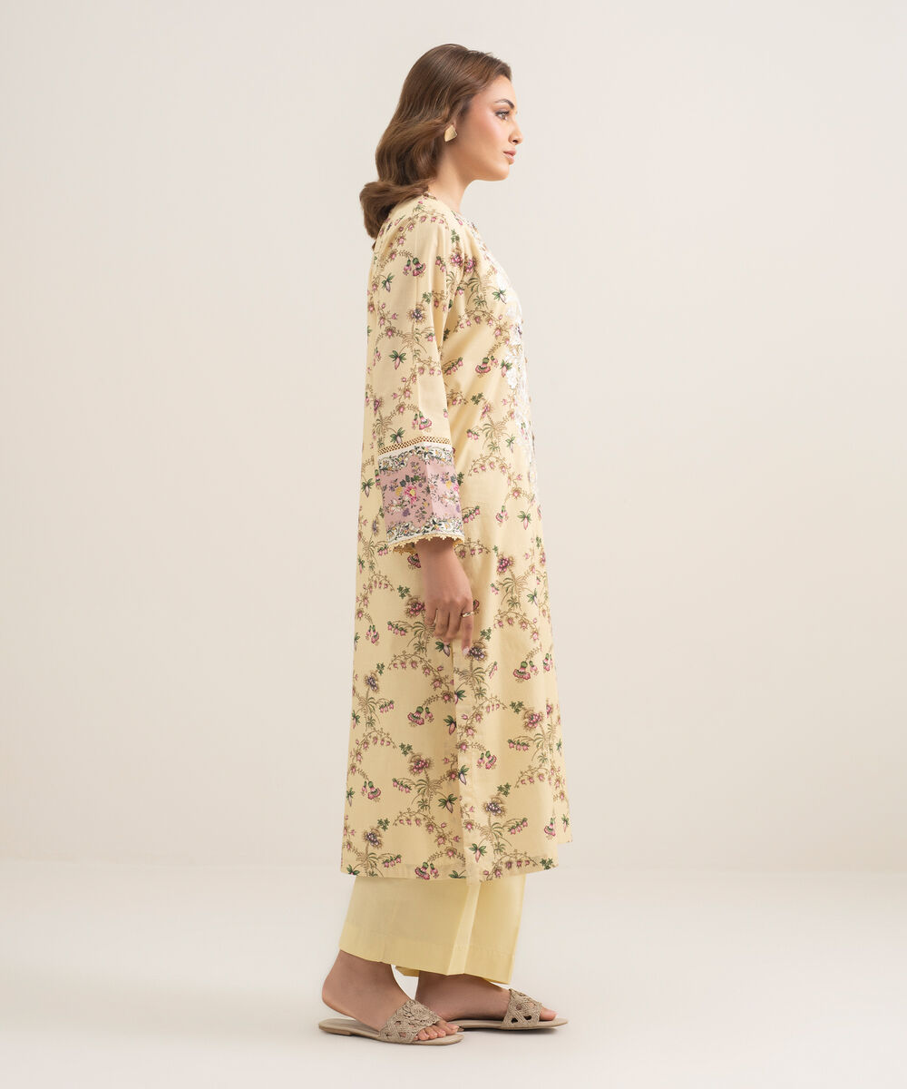 Women's RTW Lawn Embroidered Pale Yellow A-Line Shirt
