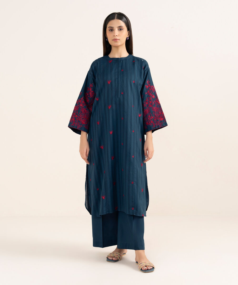 Women's RTW Textured Lawn Blue Embroidered A-Line Shirt