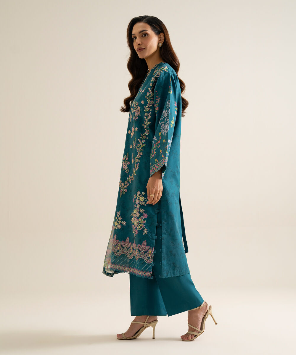 Women's Unstitched Blended Chiffon Embroidered Blue 3 Piece Suit