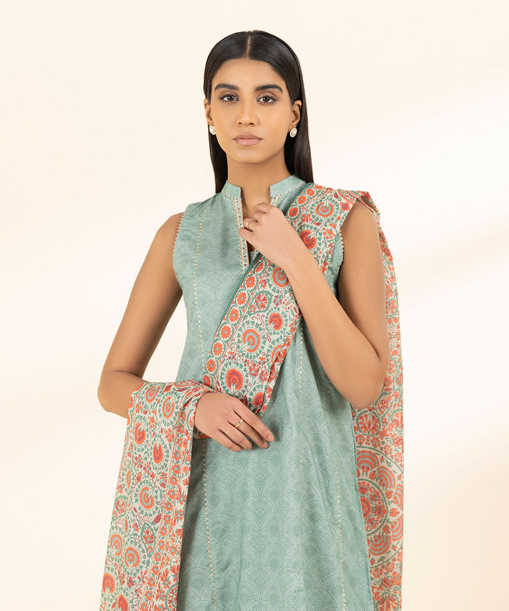 Women's Unstitched Printed Khaddar Blue 3 Piece Suit