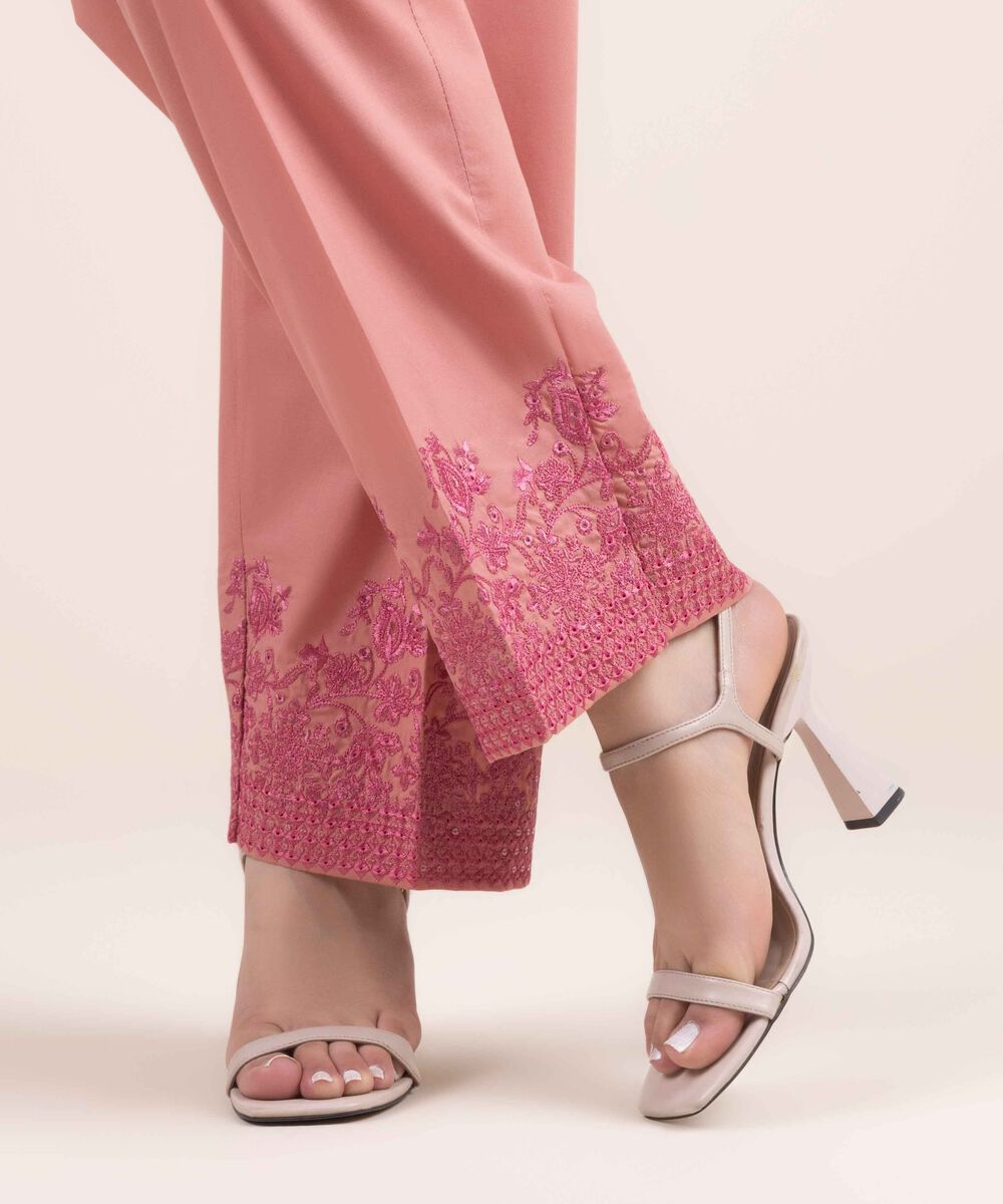 Embroidered Cambric Straight Pants Woman - Pink Embroidered Cambric Straight Pants