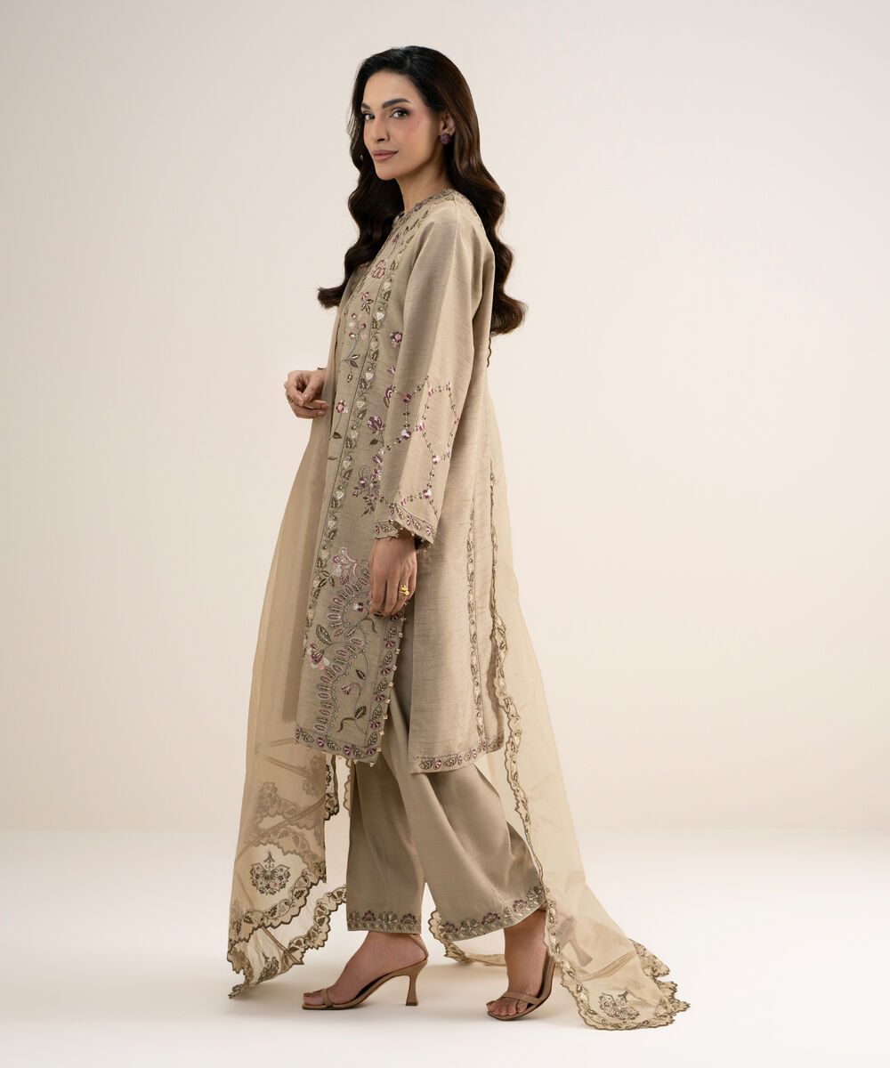 Women's Unstitched Embroidered Viscose Raw Silk Beige 3 Piece Suit