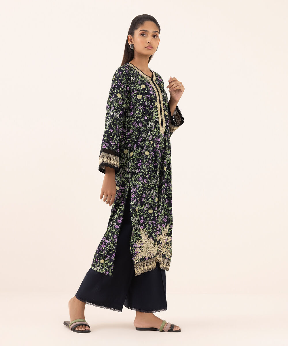 Women's RTW Arabic Lawn Black Embroidered A-Line Shirt