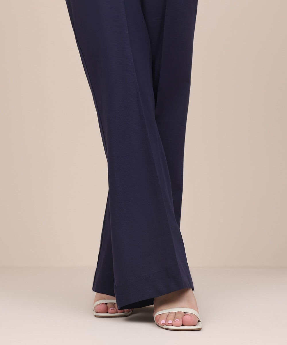 Khaddar Boot-Cut Pants Women's Pret Khaddar Blue Solid Boot Cut Pants