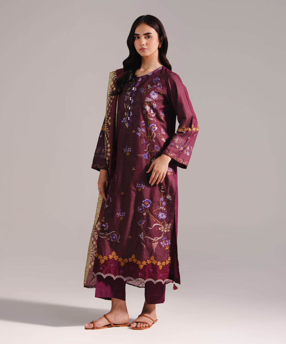 Women's RTW Zari Lawn Embroidered Maroon 3 Piece Suit