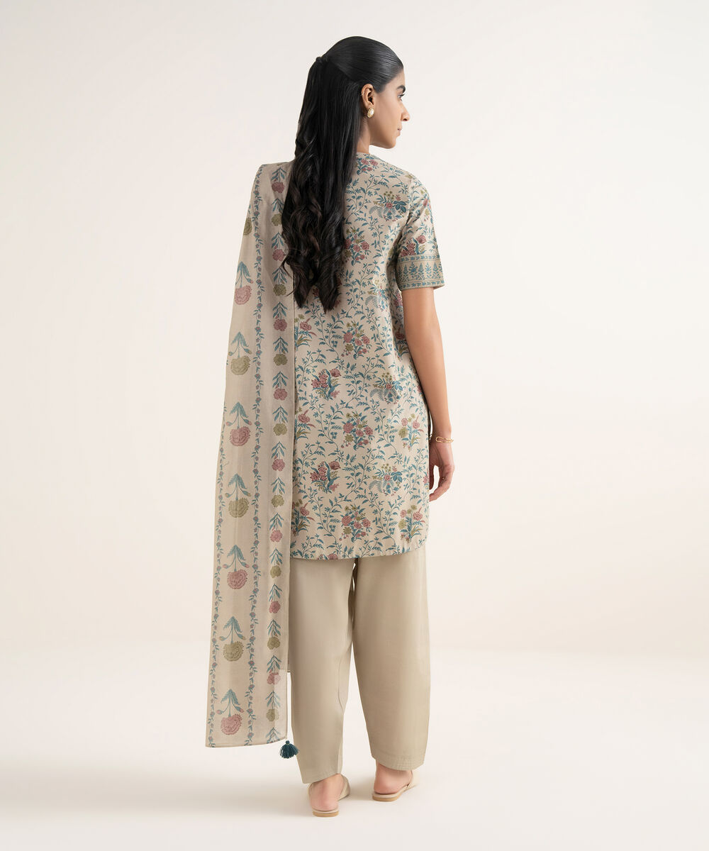 Women's Unstitched Cotton Printed Beige 3 Piece Suit