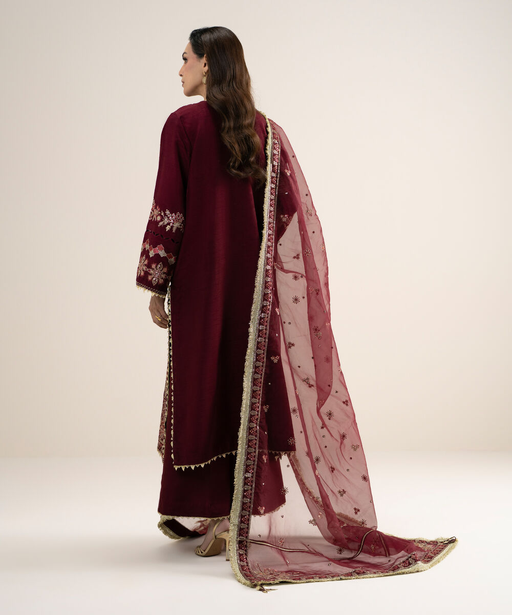 Women's Unstitched Embroidered Viscose Raw Silk Maroon 3 Piece Suit