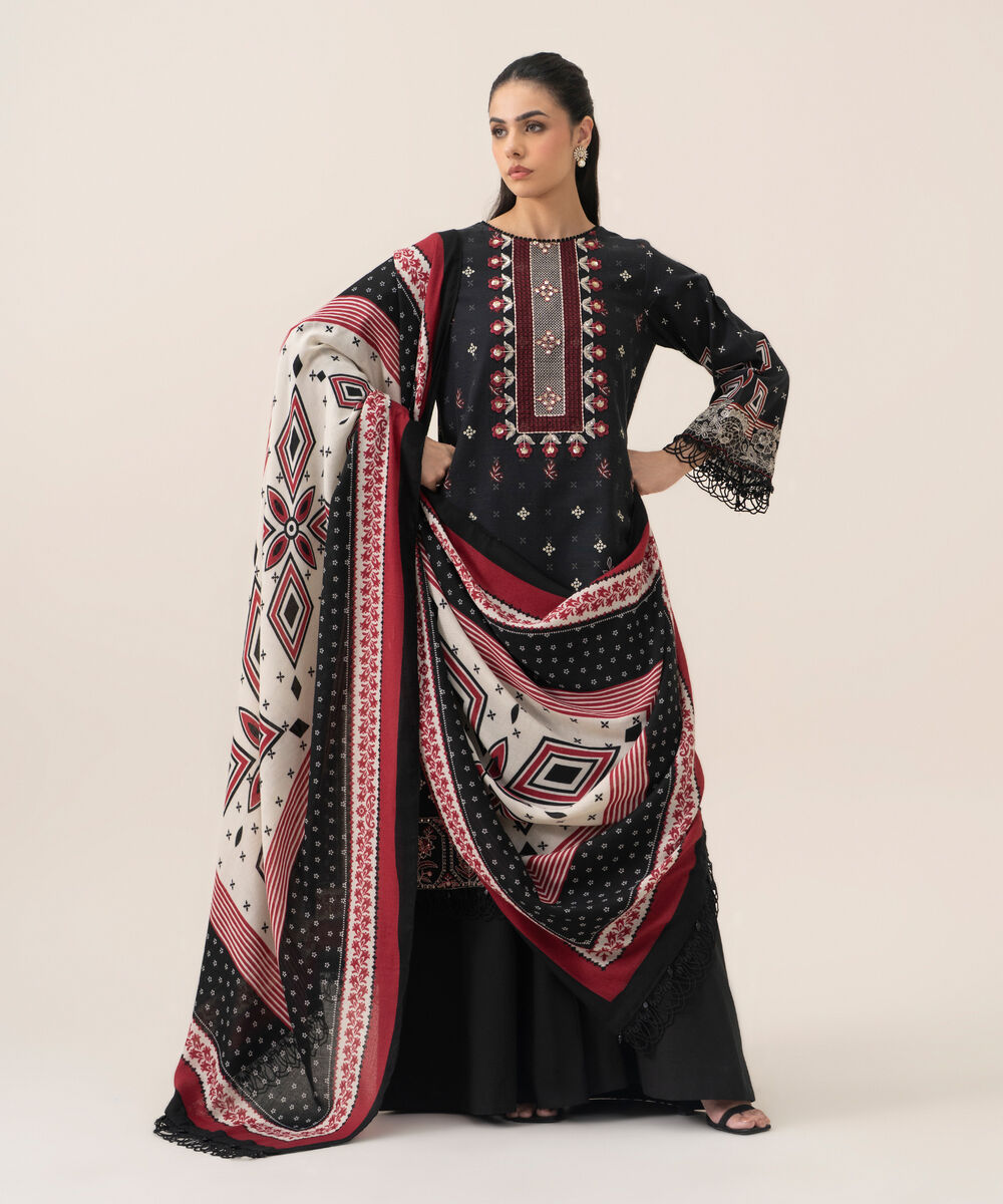 Women's Unstitched Premium Khaddar Printed Black 3 Piece Suit