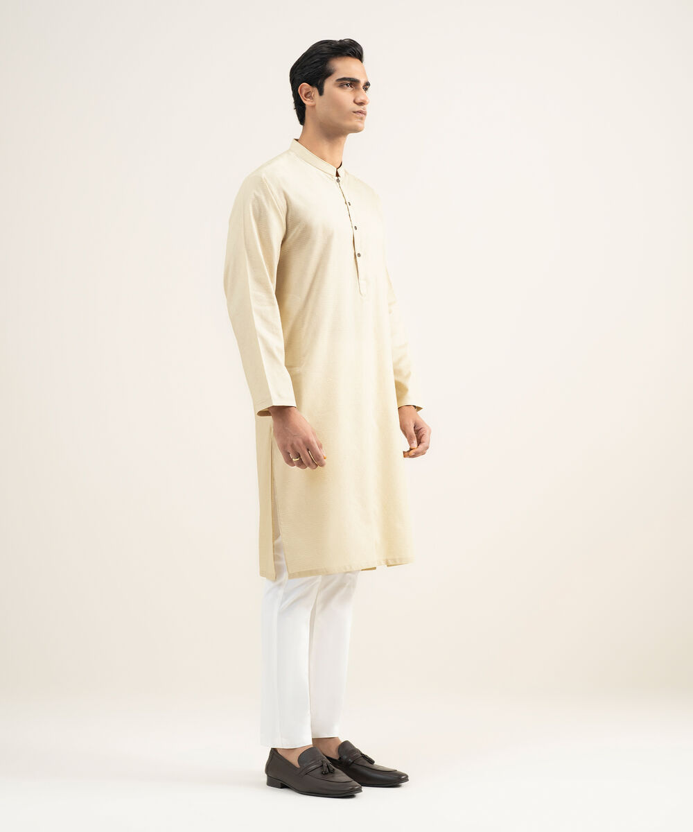 Men's Stitched Cotton Jacquard Beige Kurta