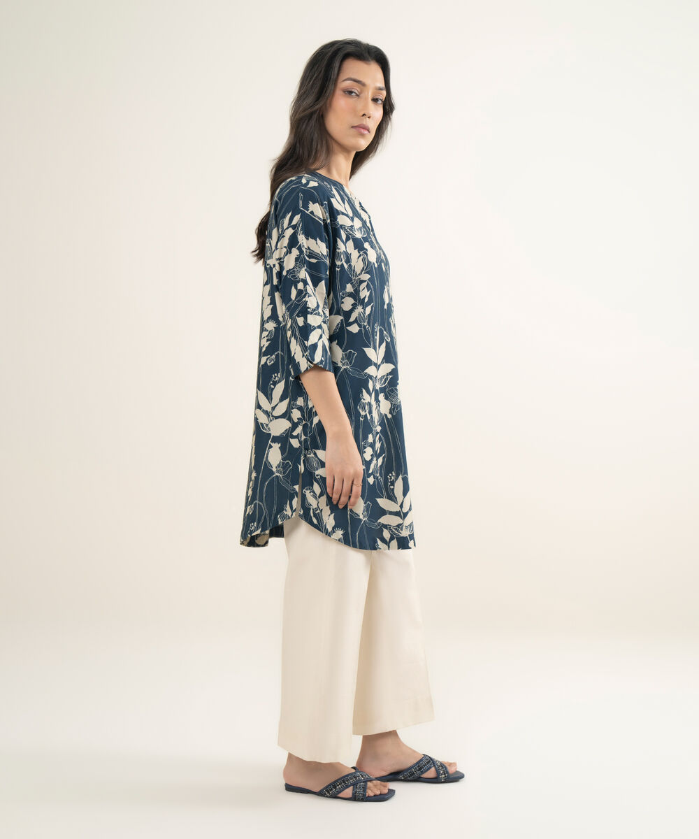 Women's RTW Arabic Cambric Printed Blue Drop Shoulder Shirt