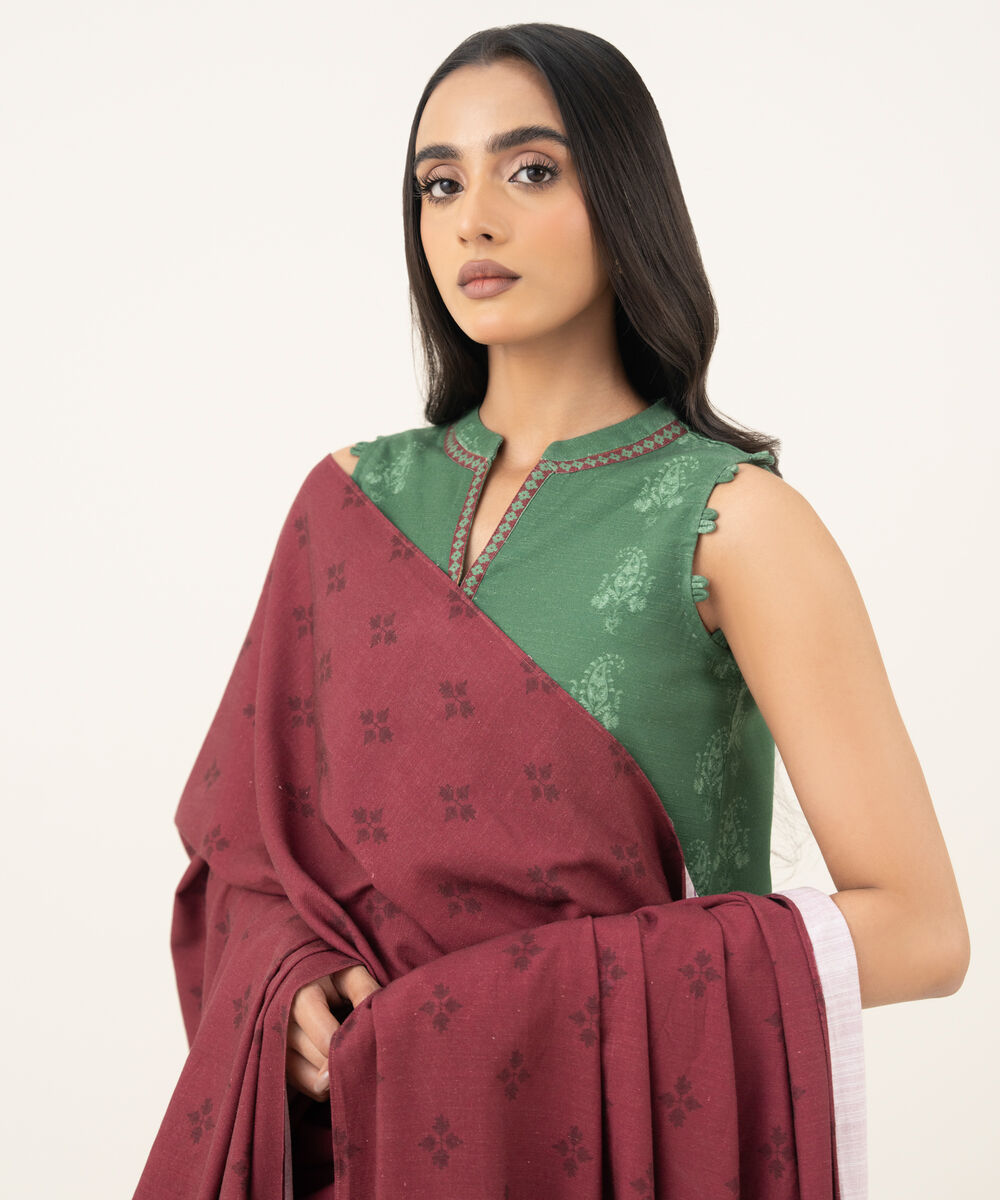 Women's Unstitched Printed Khaddar Green 3 Piece Suit