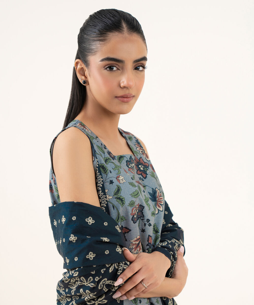 Women's Unstitched Cotton Printed Grey Three Piece Suit