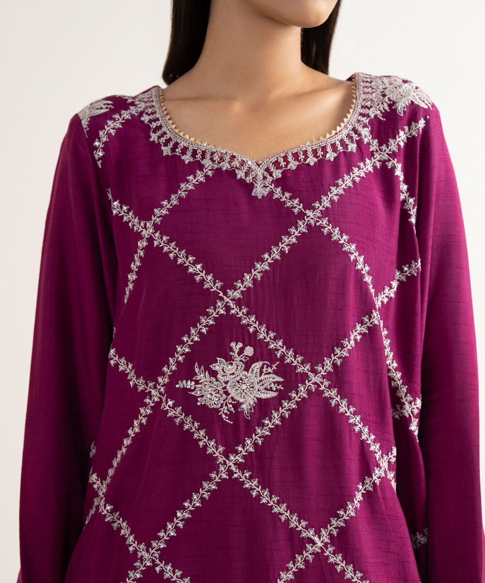 Women's RTW Raw Silk Purple Embroidered 3 Piece Suit