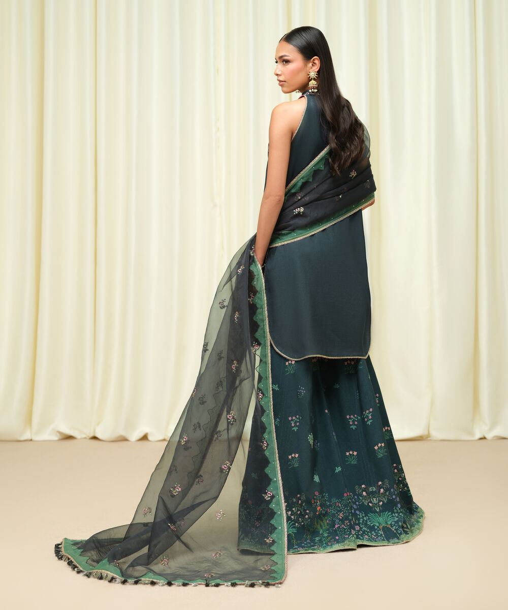 Women's Unstitched Raw Silk Embroidered Green 3 Piece Suit