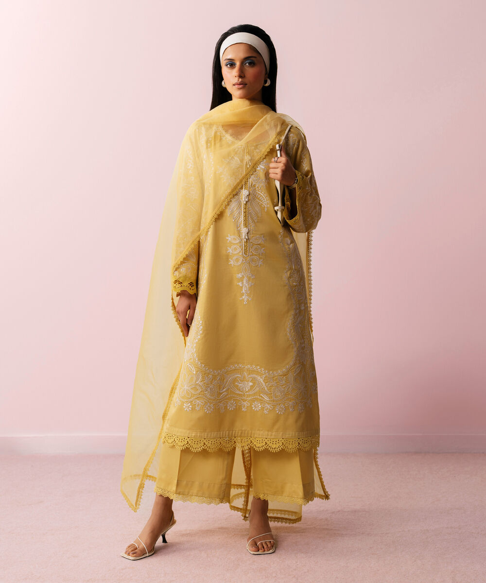 Women's RTW Cotton Satin Embroidered Pale Yellow 3 Piece Suit
