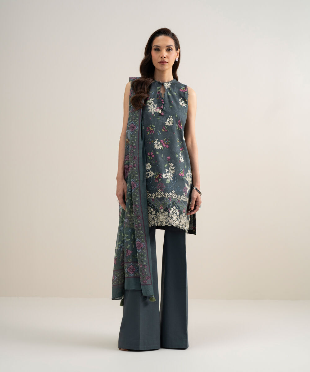 Women's Unstitched Lawn Embroidered Grey 3 Piece Suit