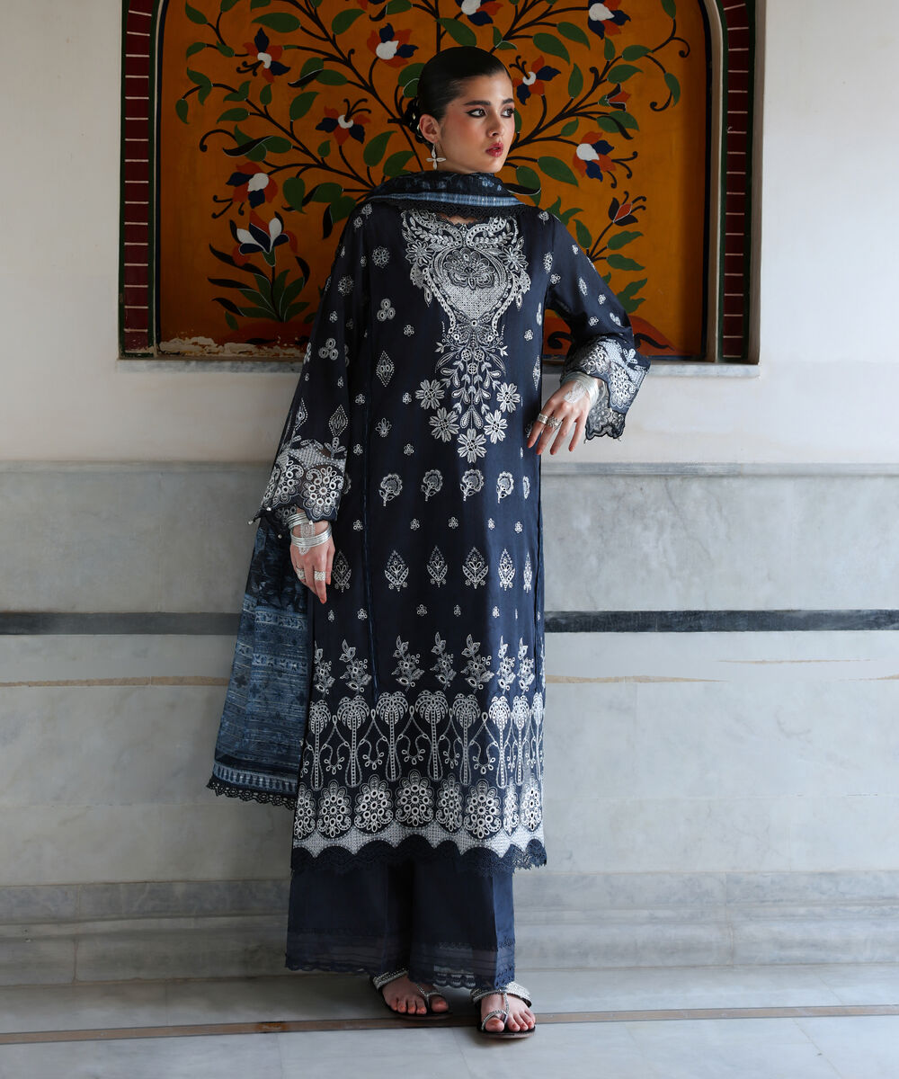 Women's RTW Self Jacquard Embroidered Dark Blue 3 Piece Suit