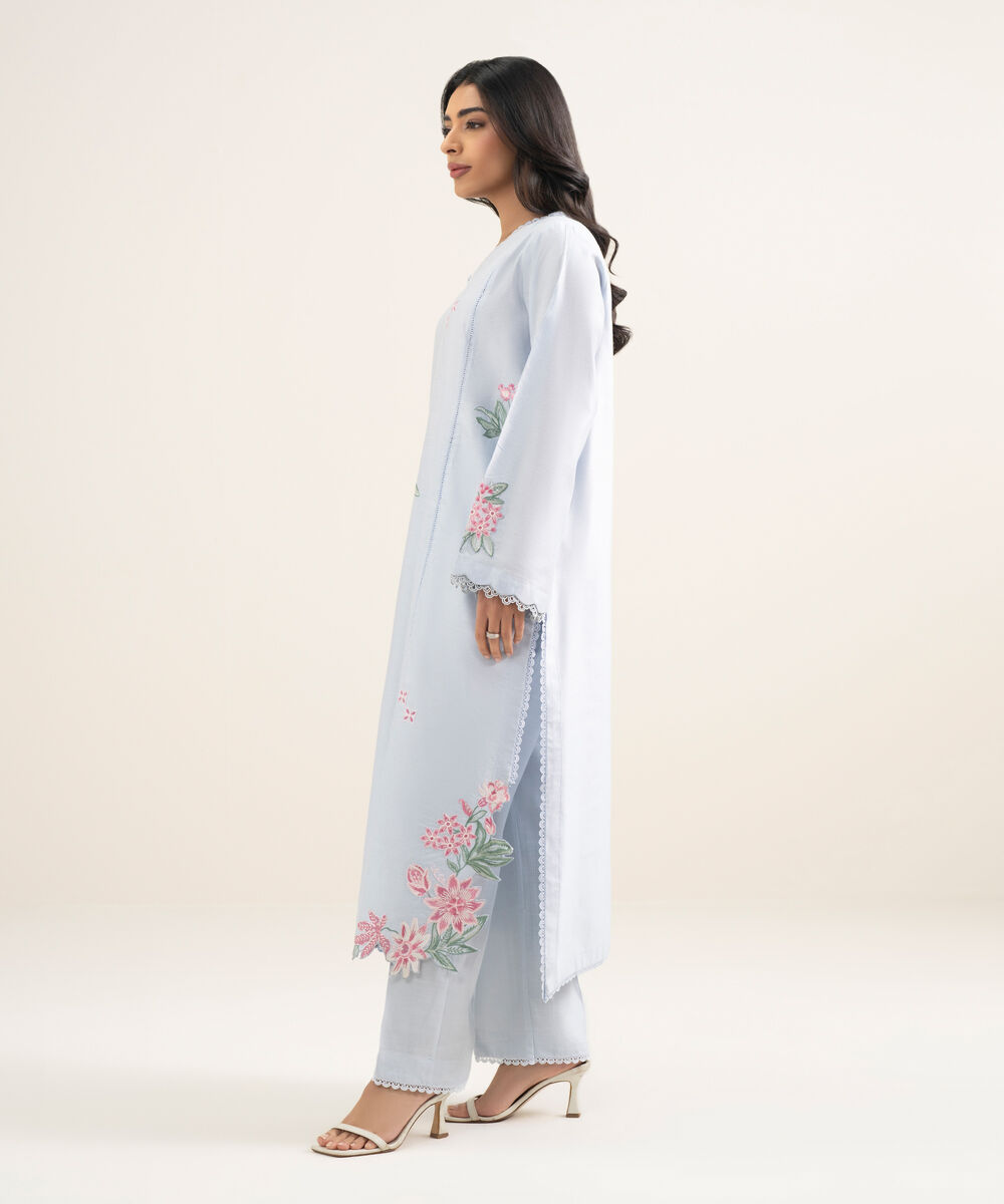 Women's RTW Silk Cotton Net Embroidered Blue 2 Piece Suit