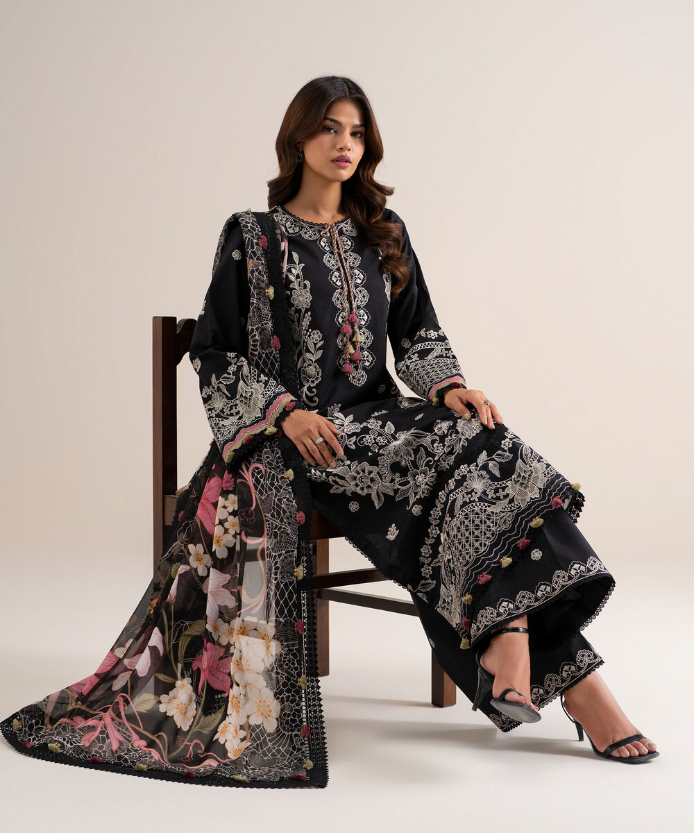 Women's Unstitched Embroidered Dobby Black 3 Piece Suit