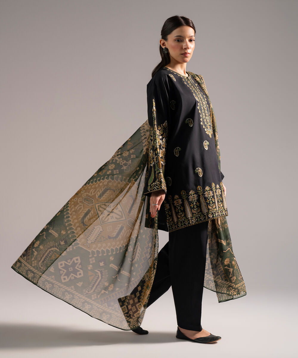 Women's RTW Lawn Embroidered Black 3 Piece Suit