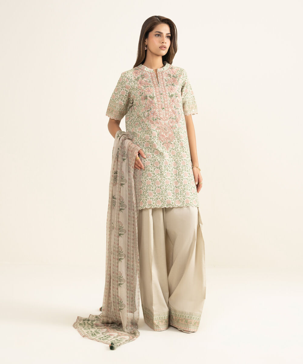 Women's Unstitched Lawn Embroidered Beige 3 Piece Suit