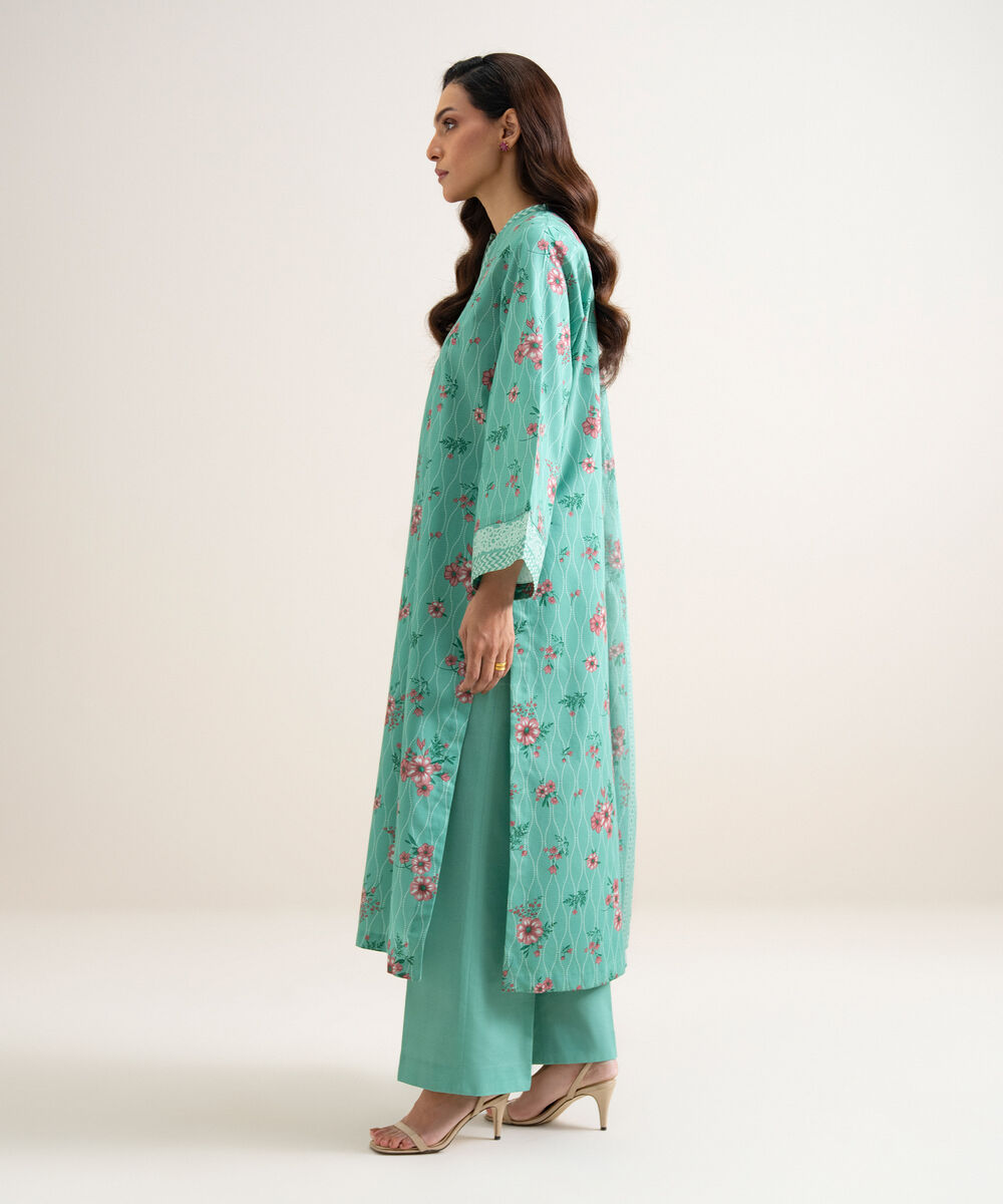 Women's Unstitched Cotton Printed Green 3 Piece Suit