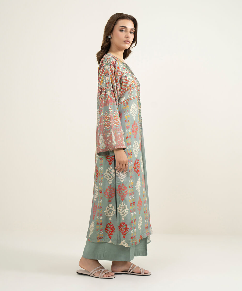 Women's RTW Viscose Raw Silk Printed Grey 3 Piece Suit