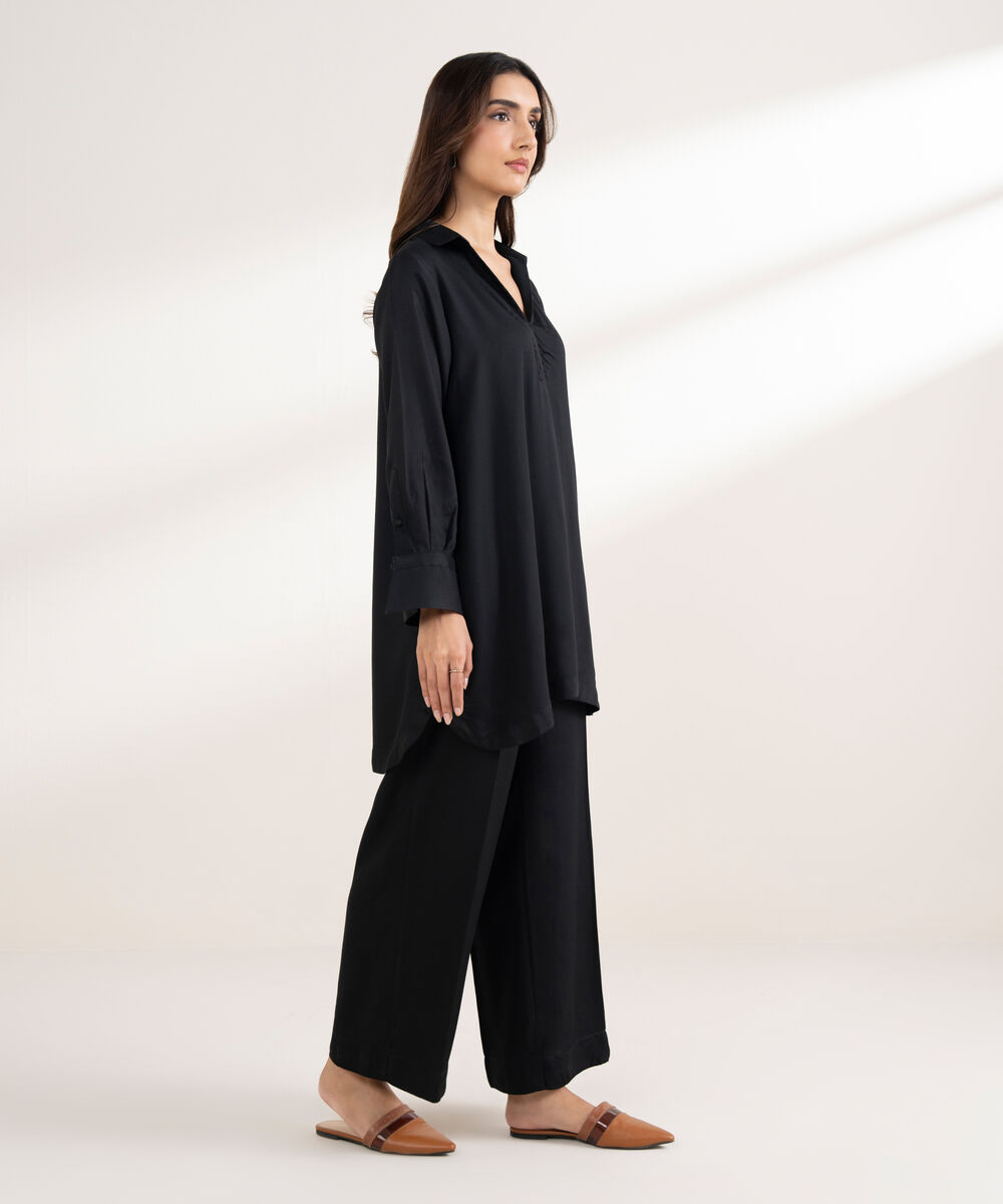 Women's RTW Bedford Solid Button Down Black Shirt