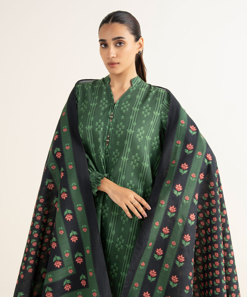 Women's Unstitched Light Khaddar Printed Green 2 Piece Suit