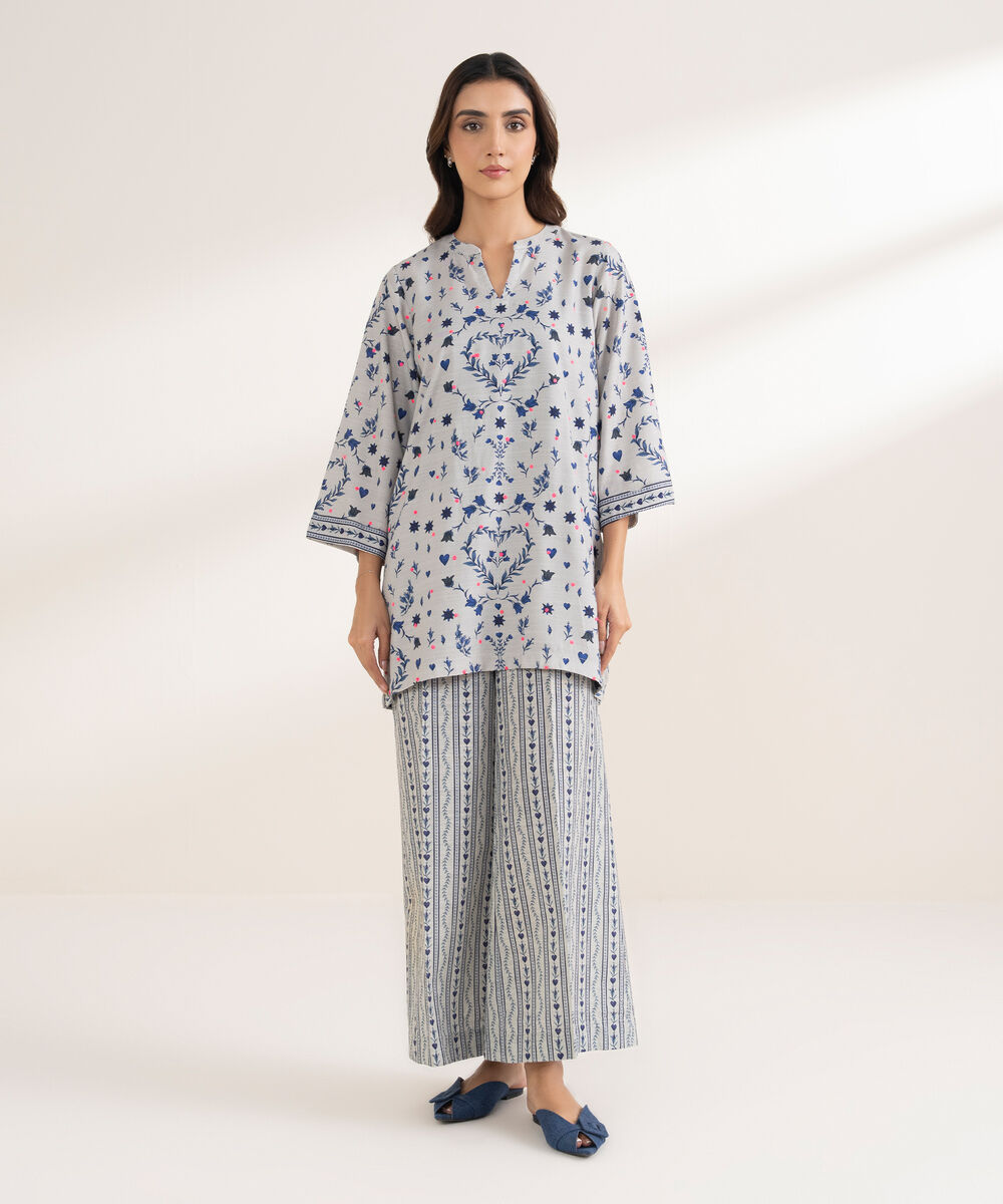 Women's RTW Arabic Khaddar Embroidered Straight Grey Shirt