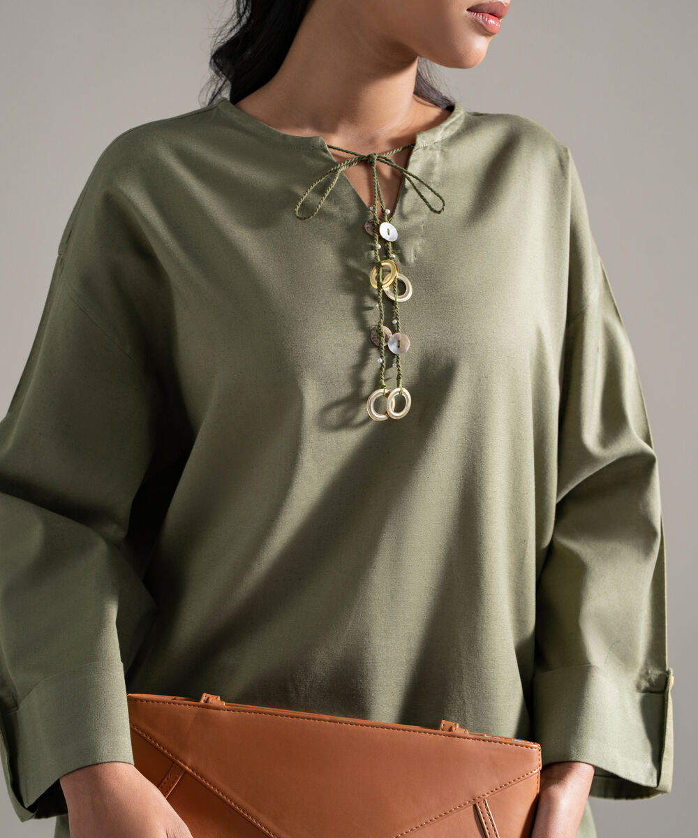 Women's RTW Cotton Linen Solid Green 2 Piece Suit