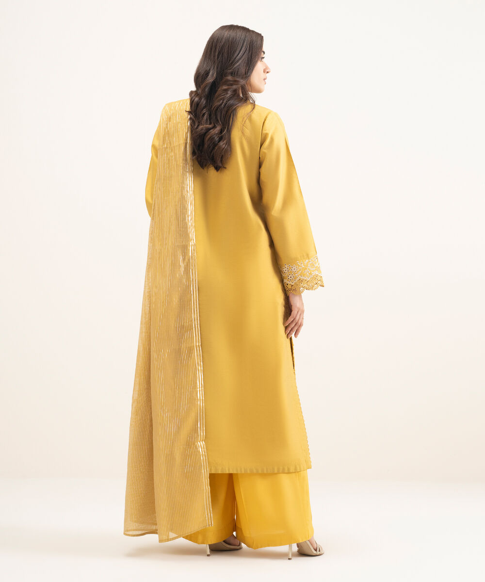 Women's RTW Silk Cotton Net Embroidered Mustard 3 Piece Suit