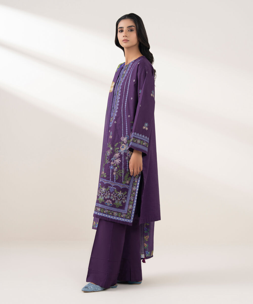 Women's RTW Dobby Embroidered Purple 3 Piece Suit