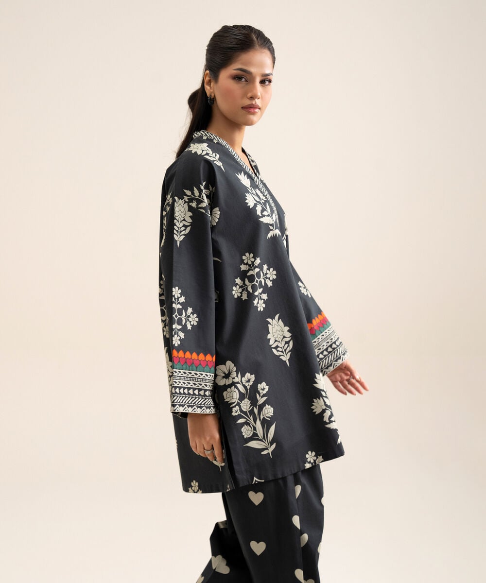 Women's Unstitched Cotton Printed Black & White 1 Piece Suit