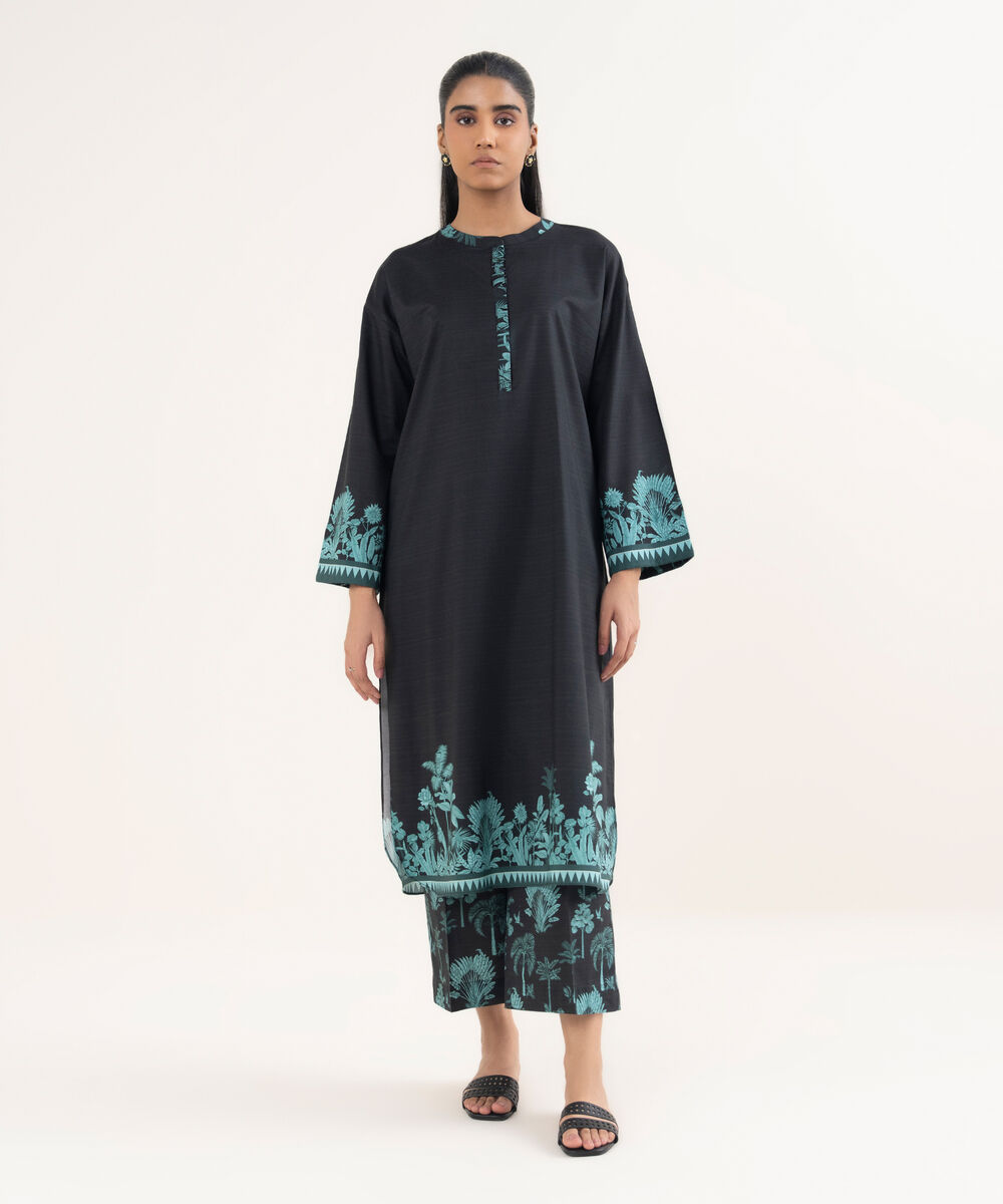 Women's RTW Lawn Printed Black Drop Shoulder Shirt