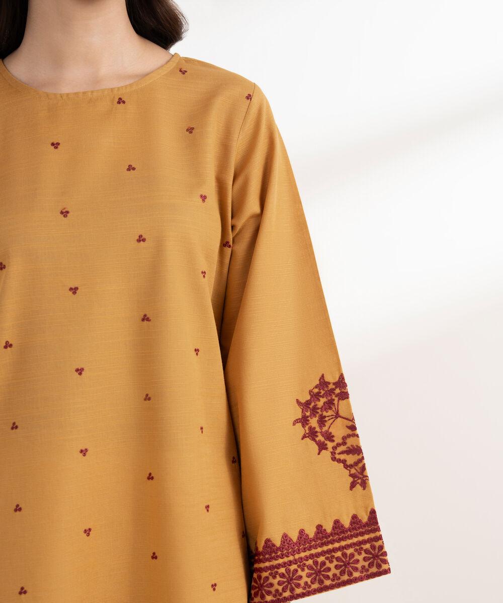 Women's RTW Khaddar Embroidered Straight Mustard Shirt