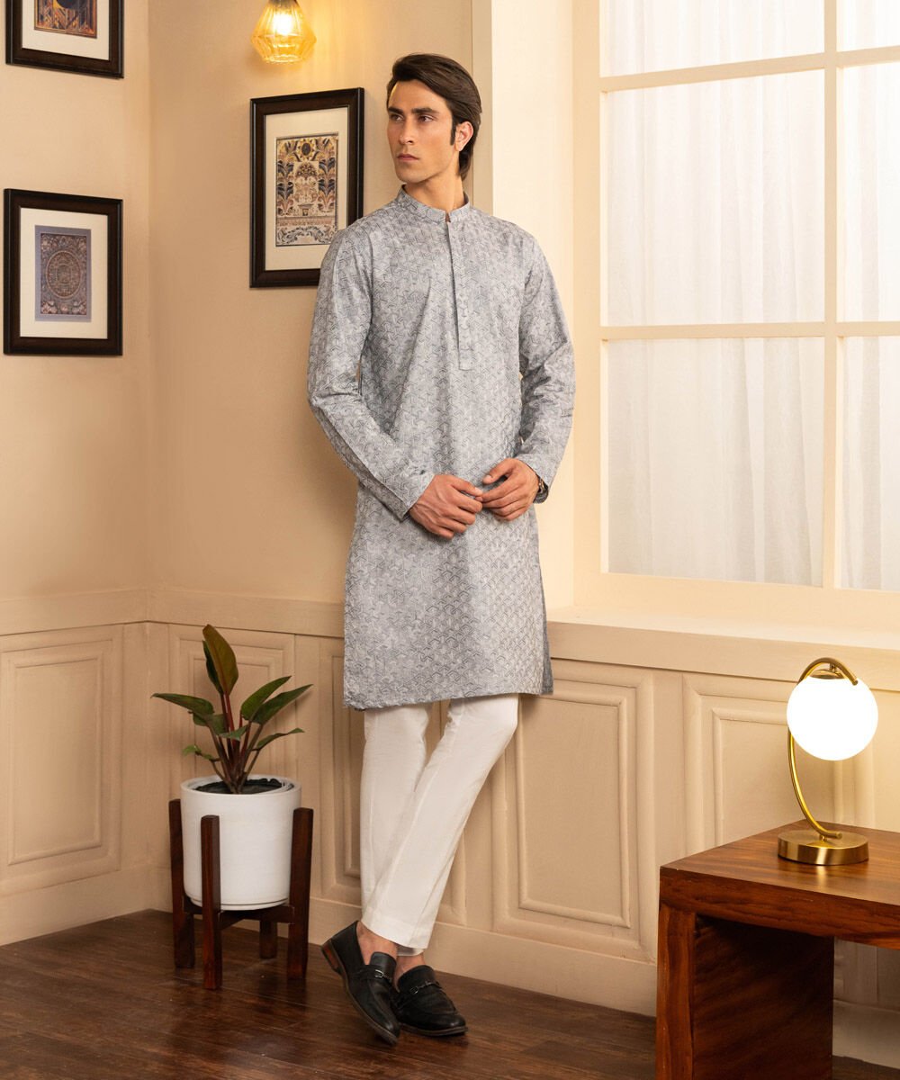 Schiffli Embroidered Cotton Kurta Men's Stitched Embroidered Grey Kurta